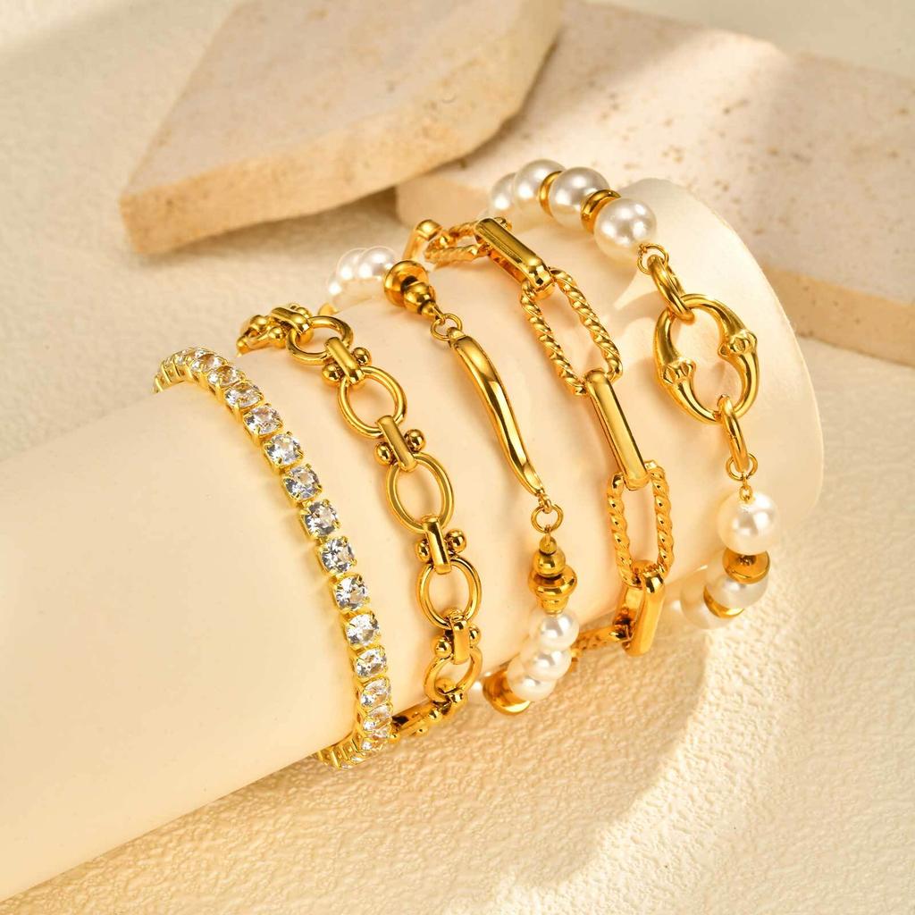 Elegant Pearl Cubic Zirconia Bracelets for Women, Stainless Steel Stackable Bracelet Chunky Jewelry