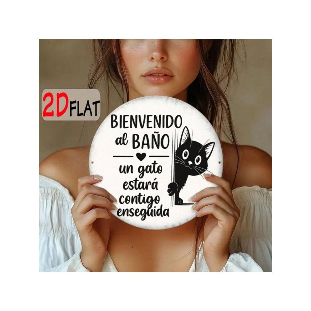 Round Black Cat Welcome Metal Wall Sign