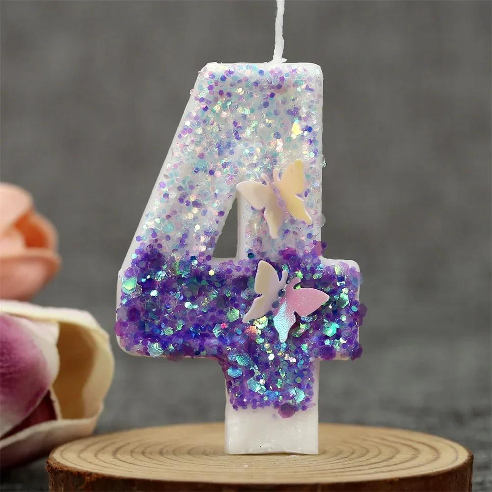 1 ks Fialová třpytivá svíčka na dort s motivem motýla, čísla 0-9, ozdoba na dort, svatební dekorace, dekorace na oslavu miminka, dětskou narozeninovou oslavu, pro holčičku