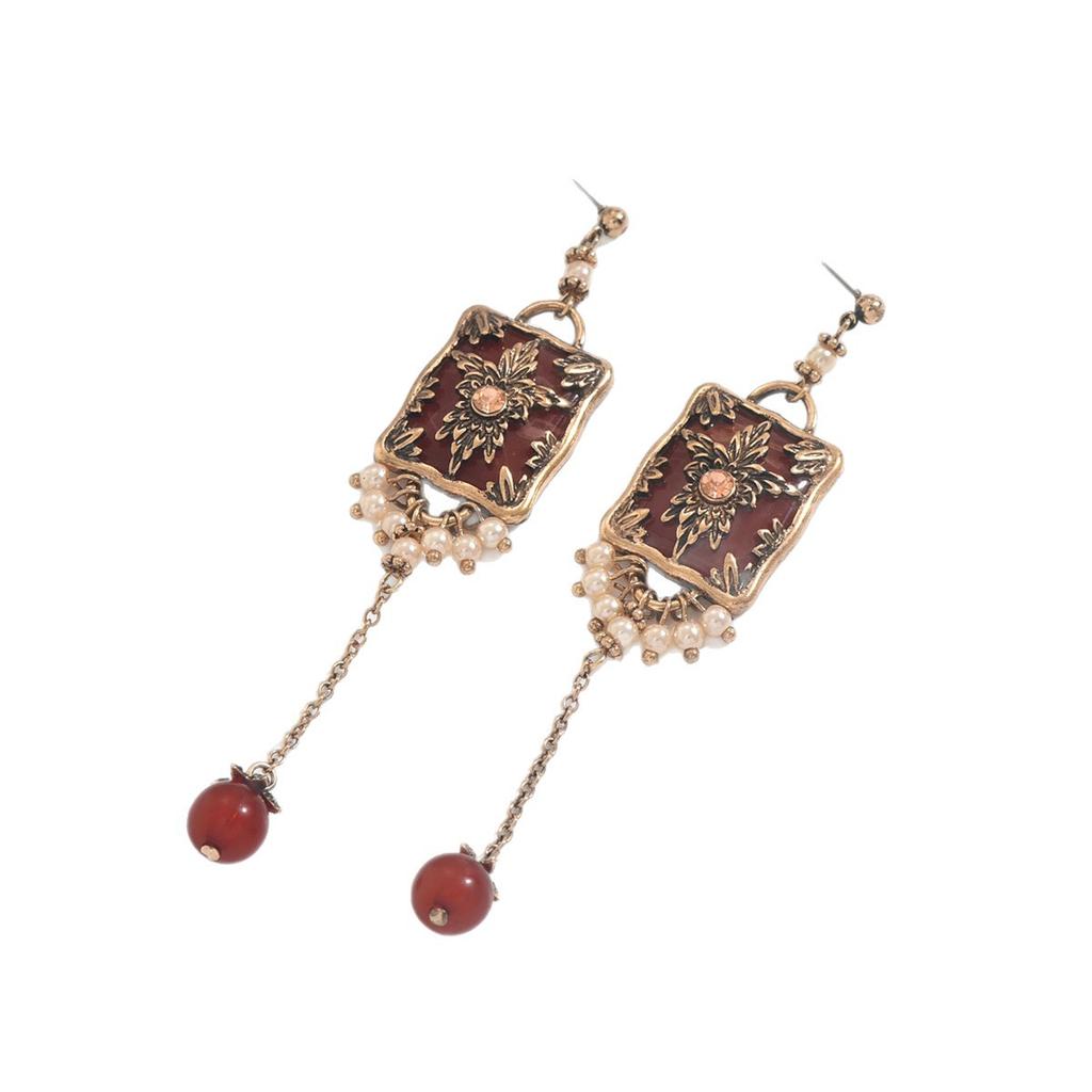 Medieval Vintage Luofu Relief Pearl Long Earrings Retro Court Style Square Brand Heavy Industry Ear Jewelry