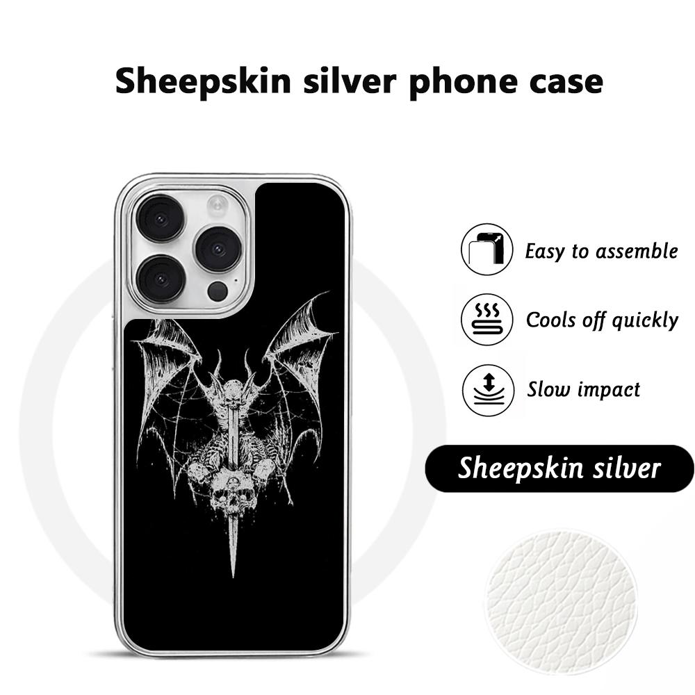 Demon Cool Hip-hop Pattern Design Phone Case for iPhone 16 15 14 13 12 11 Pro Max Sheepskin Silver-edged Protective Case
