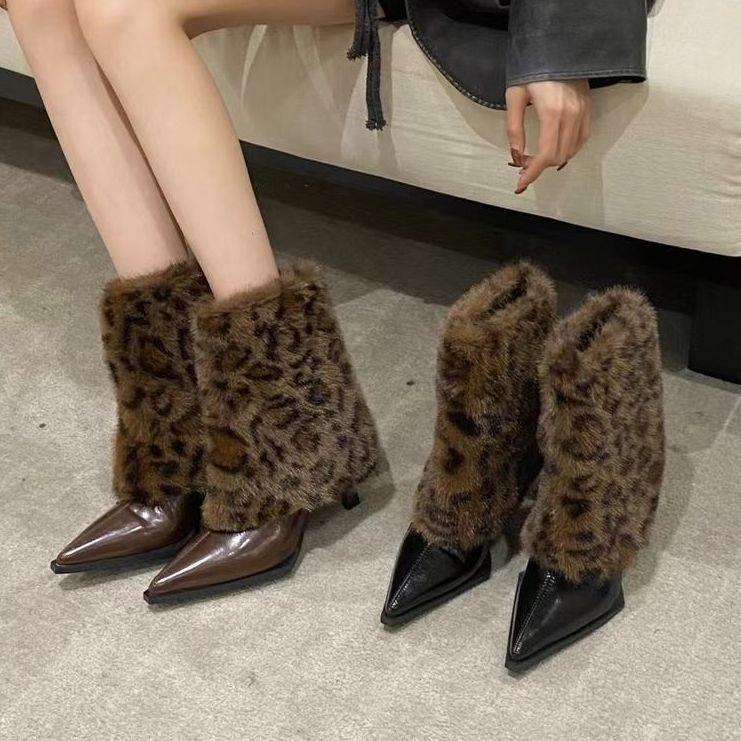 2025 winter new pointed fashion pants boots women's European and American plush stiletto short boots brown high-heeled short boots