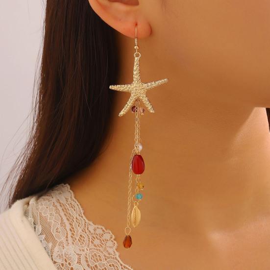 Bohemian Sea Star Shell Jewelry Set Beach-Inspired Necklace Earrings with Rhinestone Tassels Elegant Gift for Women Summer Beach Jewelry