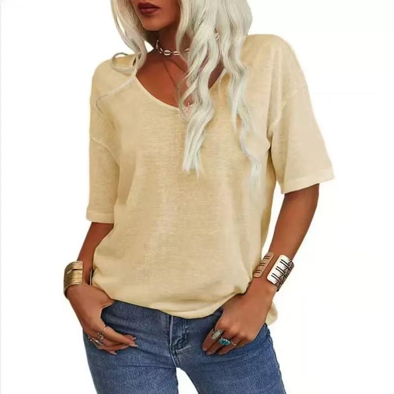 Camiseta feminina gola V casual verão manga curta top solto cor sólida camiseta