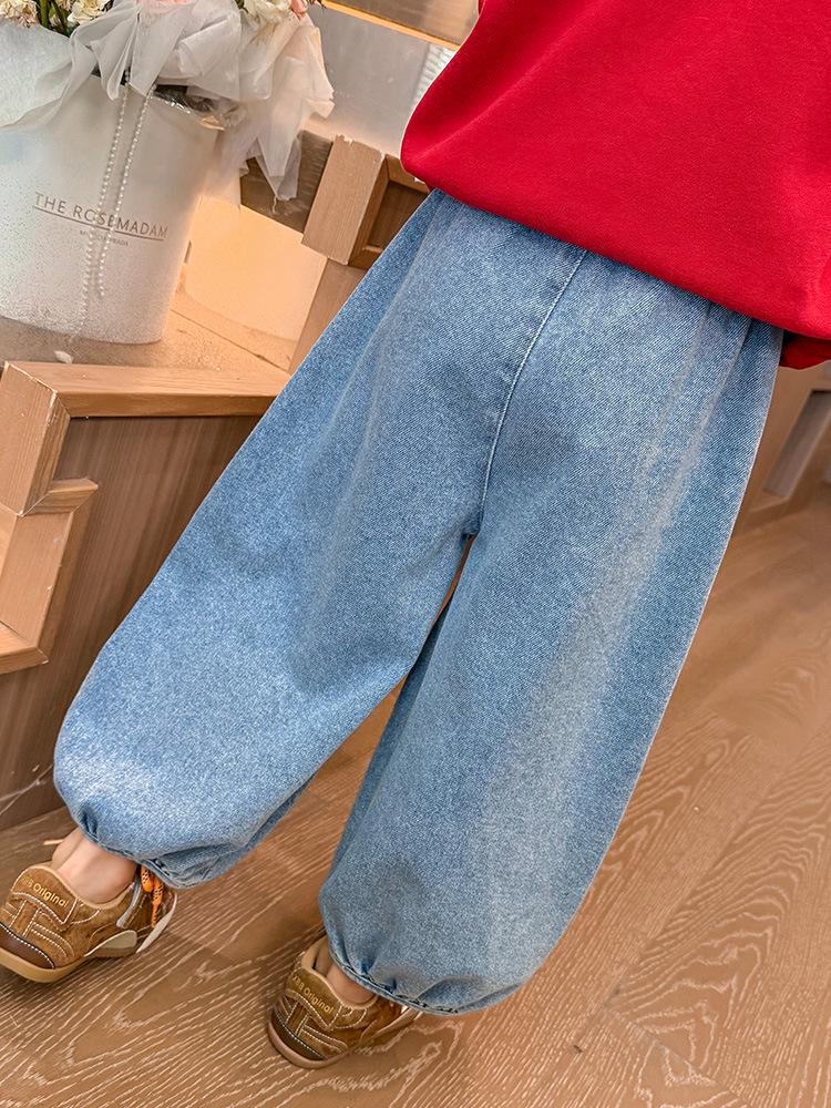 Girls' Soft Denim Lantern Jeans with Bow Embroidery - Baby Girl Fashionable Korean Style Pants for Spring and Autumn