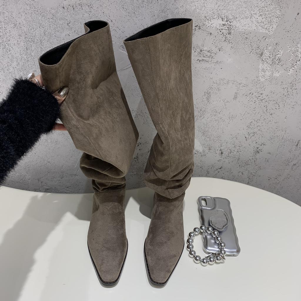 2025 New Autumn Fashion Suede Pointed Flat Bottom Thin Knight Women's Boots Two Knee Spice Girl Boots