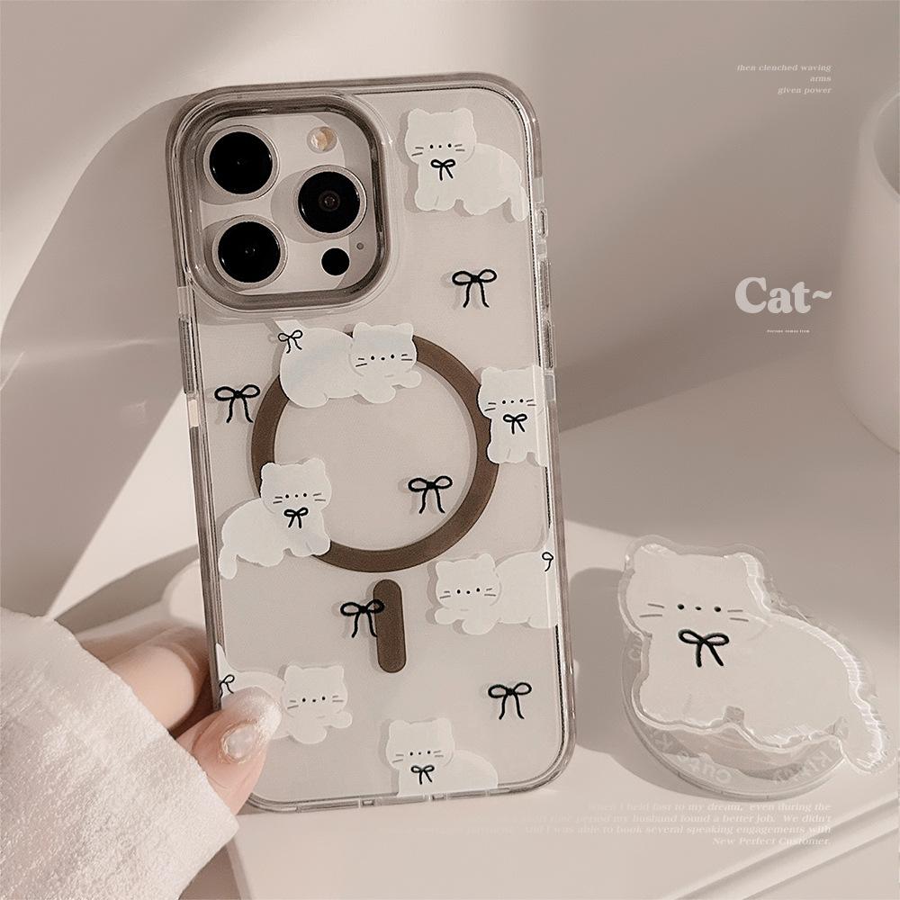 Magnetic Bracket 15Promax Transparent IPhone Case 16 Suitable for 13 Cute Bow Cat 12 Anti Fall
