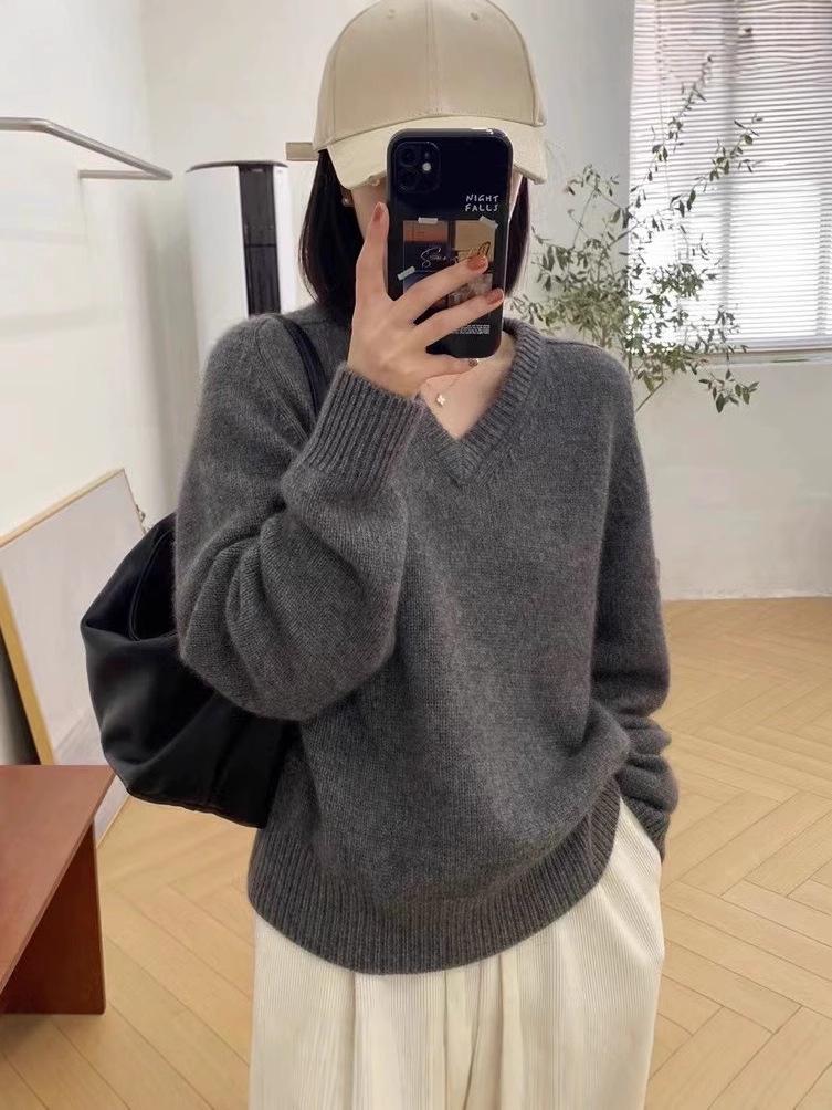 Korean Style V-Neck Wool Sweater - 2025 Autumn Trend, Loose Knit, Long Sleeve, Women's Fashion