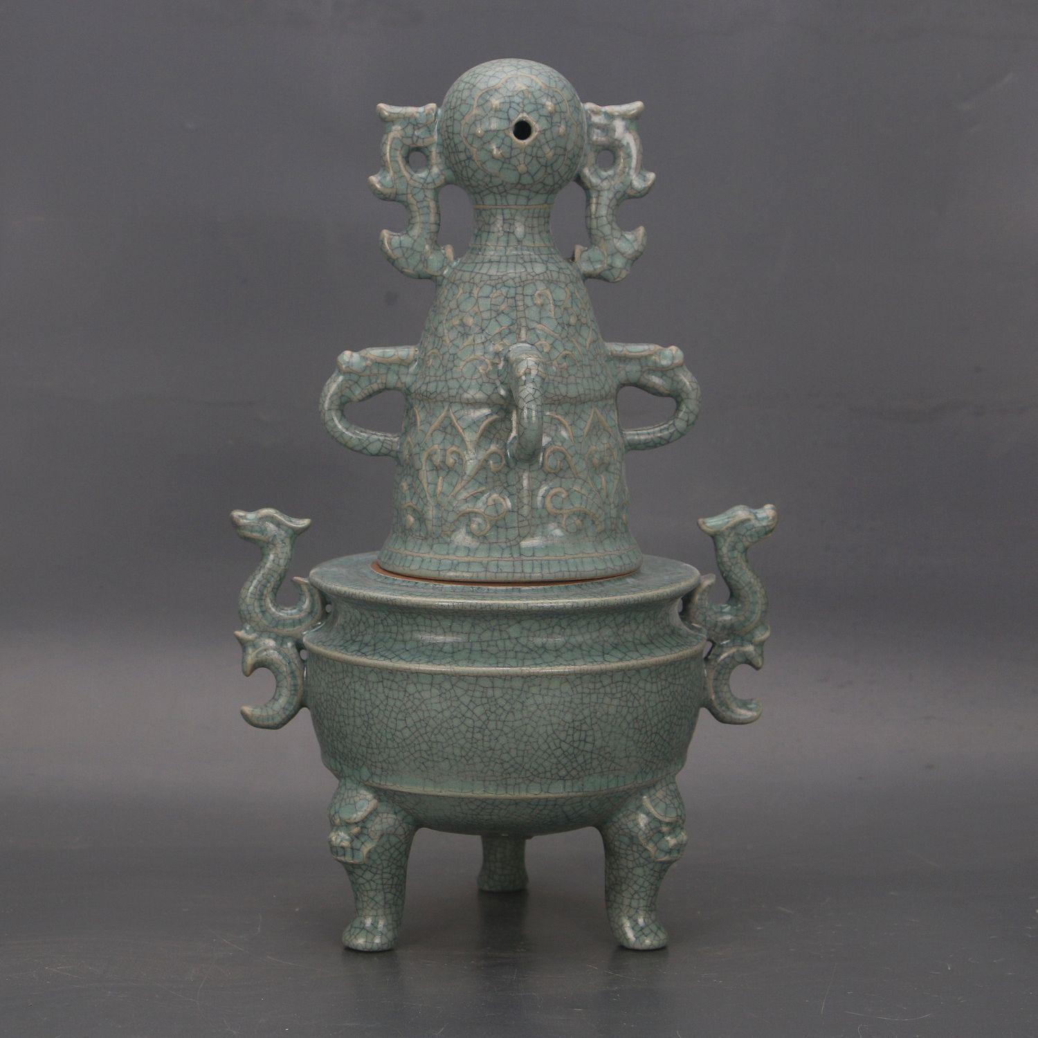 Song Dynasty Ru Kiln Qinglong Temple Ice Crackle Dragon Incense Burner Antique Porcelain Reproduction