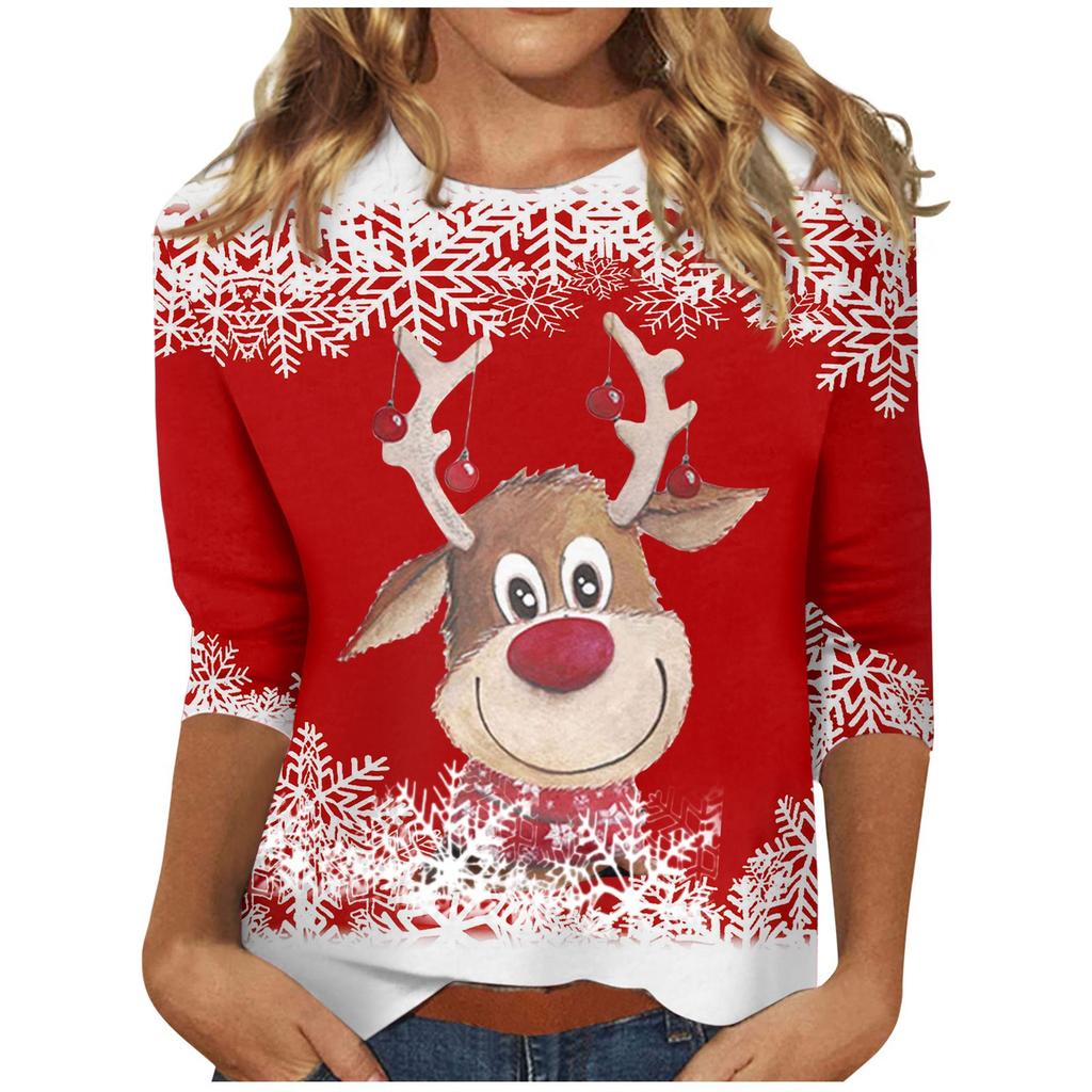 Spring and Autumn Round Neck Christmas Themed Pattern 3D Printed Top Fashionable Casual Long Sleeved Women's T-shirts