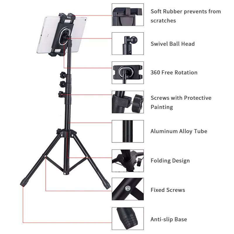 1Pc Floor Tablet Tripod Stand 4.7-12.9" Universale Tripod Stand Black IPhone Tablet Mount Stand Free Standing 360° Rotation