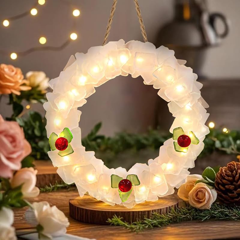 Sea Glass Wreath - Handmade 8.5 Inch Beach Wreath, Coastal Style Christmas Decor Wreaths for Home Decor, Door, Window, Kitchen Cabinet, Chair and