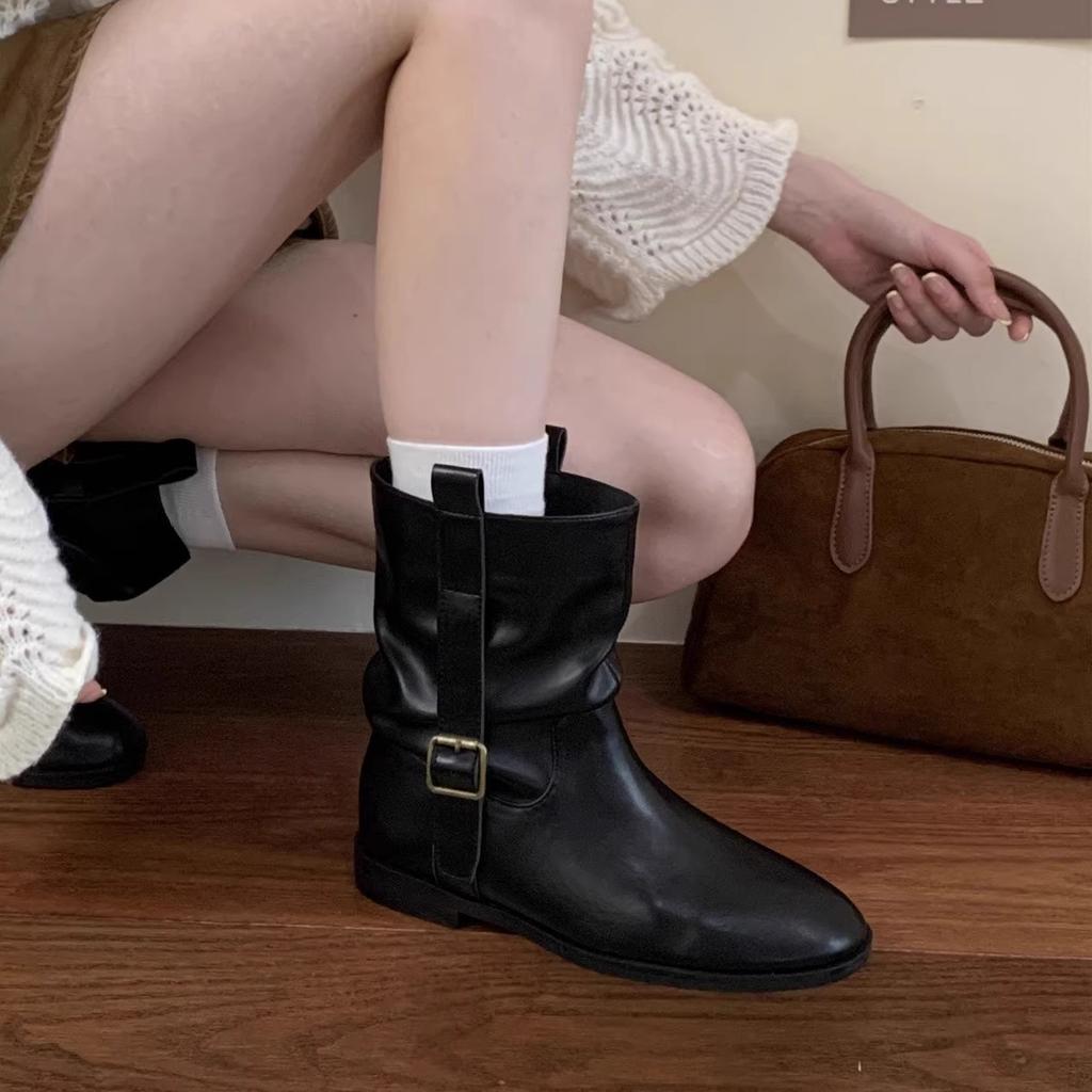 Flat Bottom Pleated Suede Pile Boots Women's Vintage Western Cowboy Medium Boots Martin Boots Autumn/Winter Chelsea Short Boots