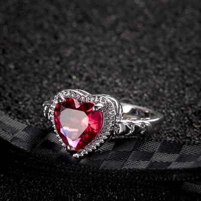 Classic Sterling Silver Love Heart Zircon Engagement Rings for Women Red CZ Stone Inlay Fashion Wedding Party Gift