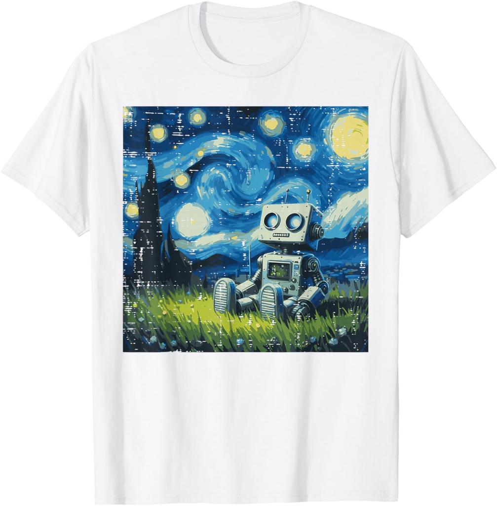 Starry Night Robot Graphic Tee Cotton Round Neck Casual TShirt Art Painting Print Tops for Men Women