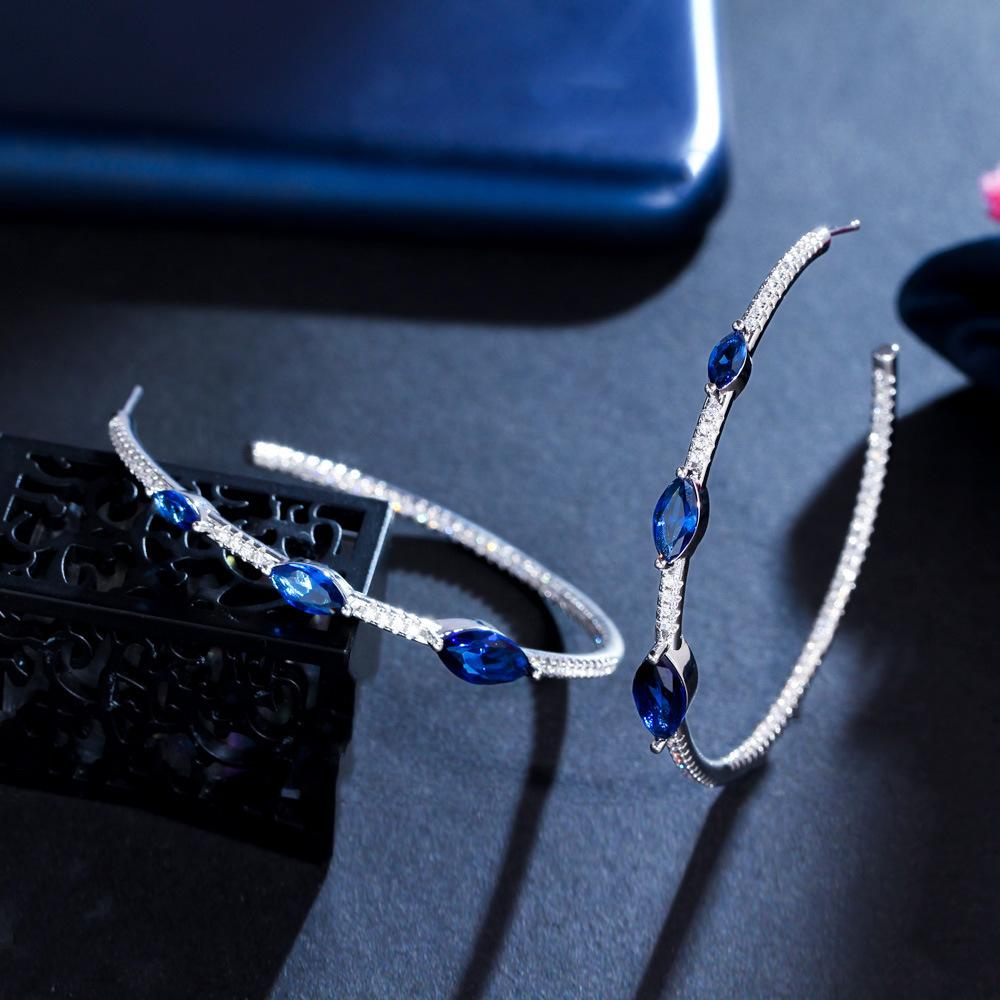 Needle Light Luxury Sapphire Full Diamond Large Circle Earrings Micro-Inlaid Zircon C-Shaped Temperament Earrings