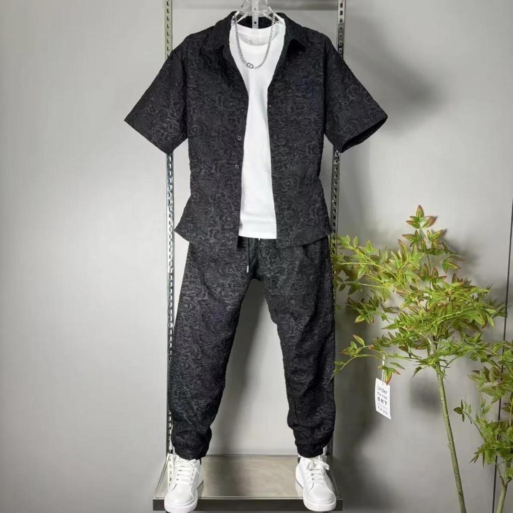 Men's Spring/Fall Casual Set: Collared Shirt + Trousers Sports Two-Piece Set