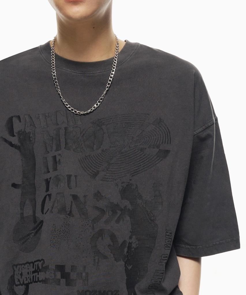 MOZMOZ Pigment Dancing Cat Oversized Short Sleeve T-Shirt Charcoal