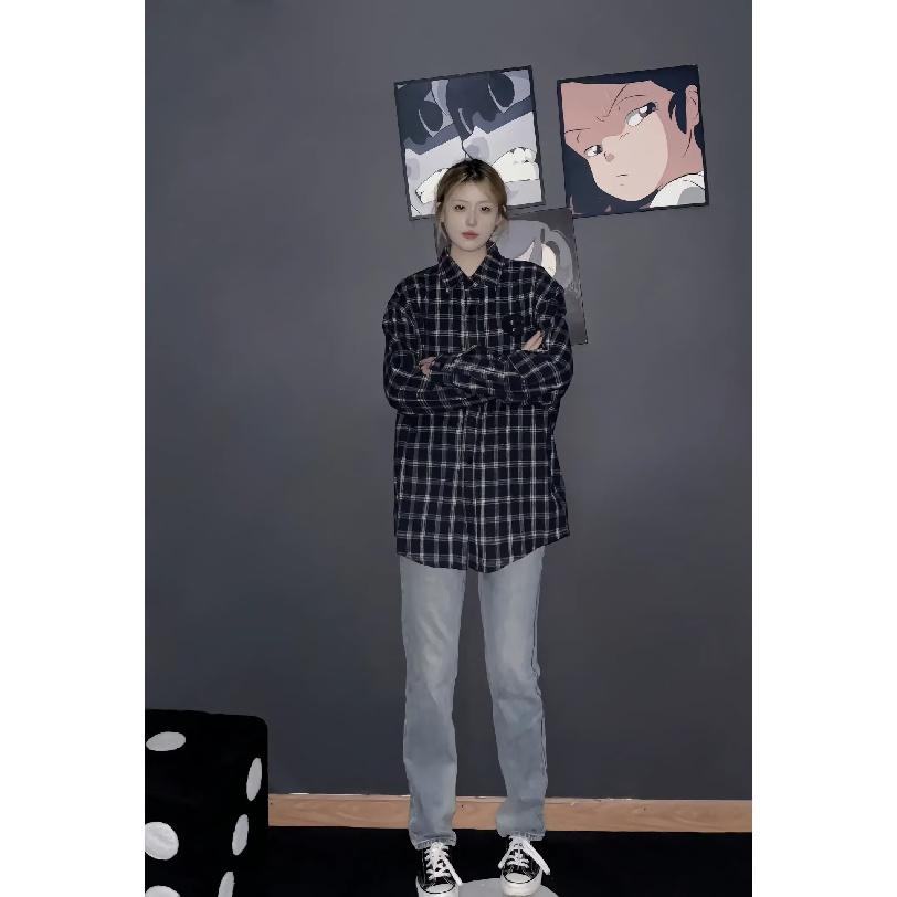 

Рубашка в американскую клетку для женщин, весна и осень, новый дизайн больших размеров, цветная рубашка с длинным рукавом, высококачественное пальто для пар 2XL синий