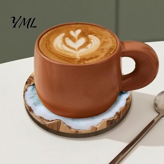 Classroom Desk Decorative Pads 4 Pcs Wooden Coasters, Ocean Wave Design Heat Resistant Round Unique Cup Mats Drink Coaster for Coffee Shop,