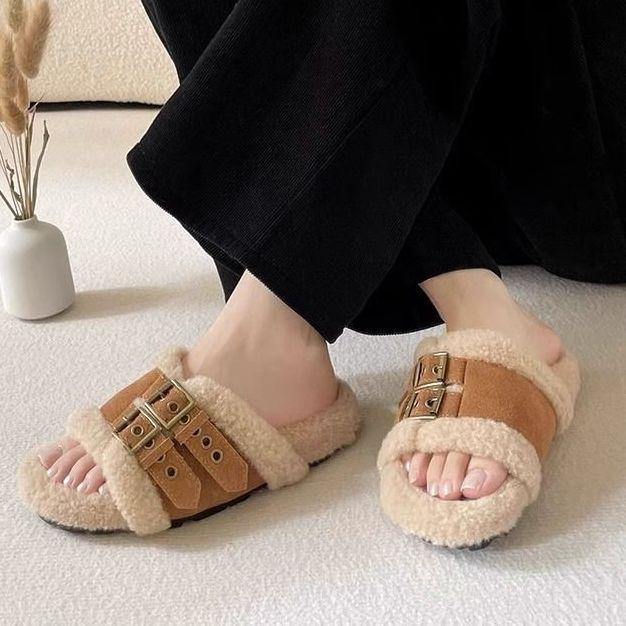 Thick-soled Fluffy Slippers Women Wear 2025 Autumn and Winter New Plush Shoes Go Out Internet Celebrities Soft-soled Cotton Drag Tide