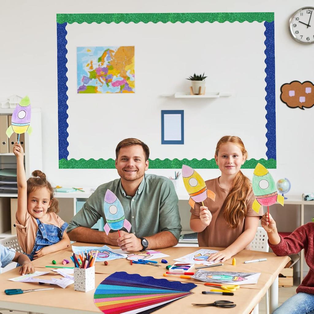 Geyee 120 Pieces Glitter Bulletin Board Border Scalloped Border Trim Shiny Bulletin Poster Decoration Colorful Glitter Paper for School Classroom