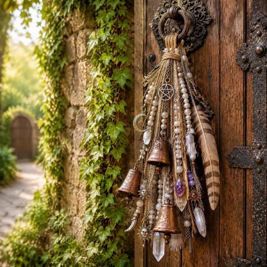 Regalo da Strega per Compleanno, Campanello da Porta da Strega Decorazione,acchiappasole Boho, Carillon a Vento Retrò, Carillon Stella Pentagramma Luna Decorazione per la Casa Ornamento da Appendere