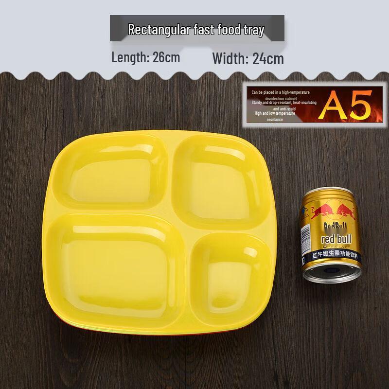 A5 Melamine 4-Compartment Divided Cafeteria Tray, Yellow, 10-Pack