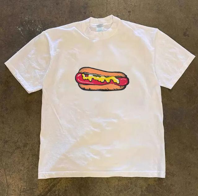T-shirt a maniche corte con design di nicchia realistico per hot dog, stile hip-hop street, per uomo e donna.