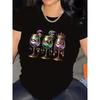 Women Mardi Gras Party T-Shirt Colorful Glasses Crown Print Black Round Neck Short Sleeve Festival Casual Top