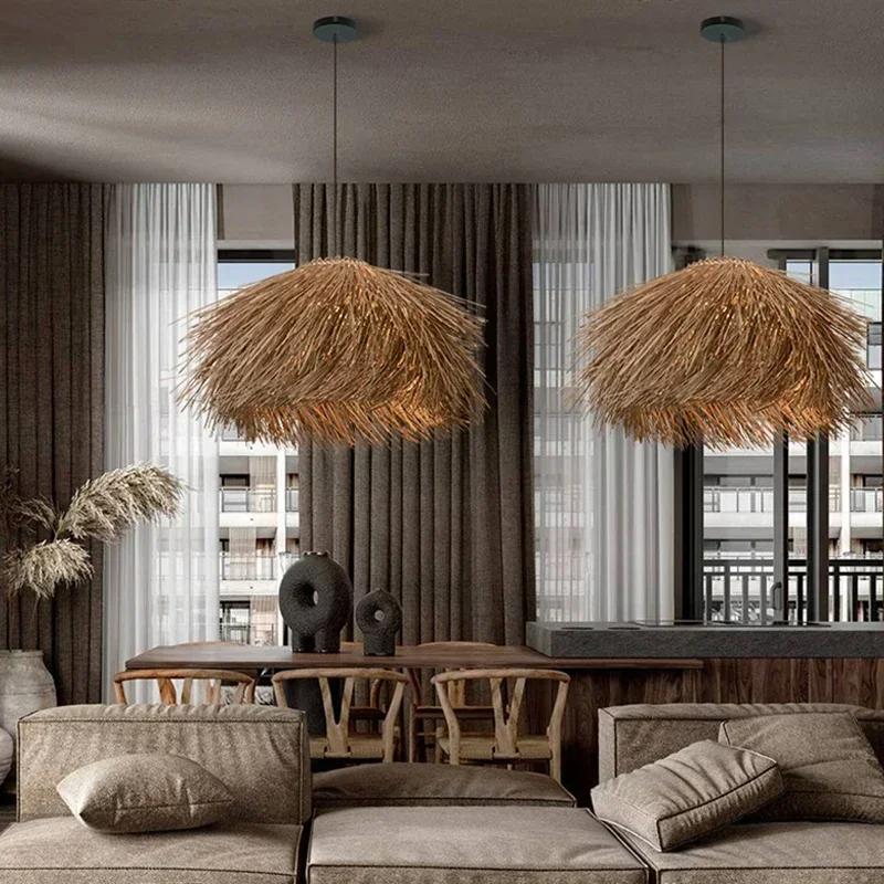 Hand Woven Rattan Hanging Lamp for Ceiling Shop Bar Grass Pendant Lights Living Room Chandelier Loft Room Decor Lustre LED