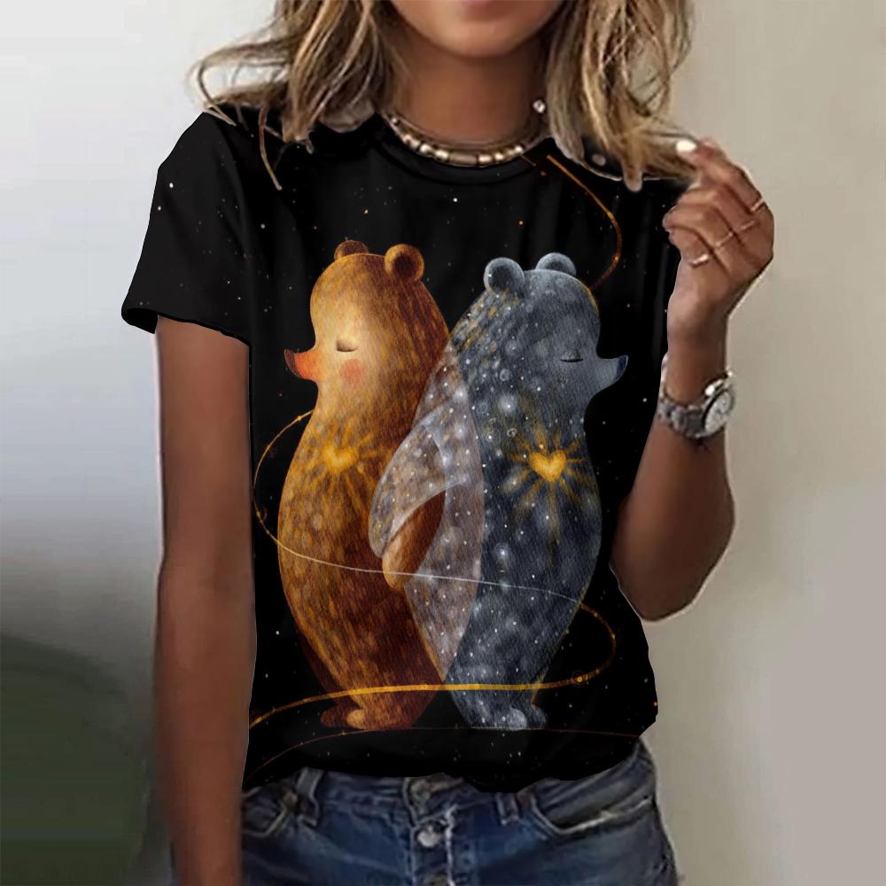 

2024 Летняя женская футболка с рисунком из мультфильмов, модная свободная повседневная одежда с круглым вырезом и коротким рукавом, черная футболка 6XL