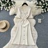 Summer Autumn Pink Button-Down Short Sleeve Short Knit Dress for Women Elegant Turn Down Collar Single-breasted Ruffles Slim Sweater Dresses