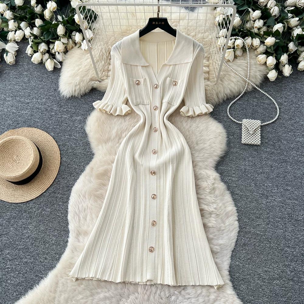 Summer Autumn Pink Button-Down Short Sleeve Short Knit Dress for Women Elegant Turn Down Collar Single-breasted Ruffles Slim Sweater Dresses