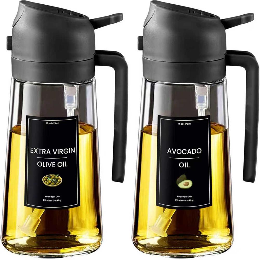 Oil Sprayer for Cooking,2in1 Olive Oil Dispenser Bottle for Kitchen with Stickers,16oz/470ml Premium Glass,Food-grade Oil Mister
