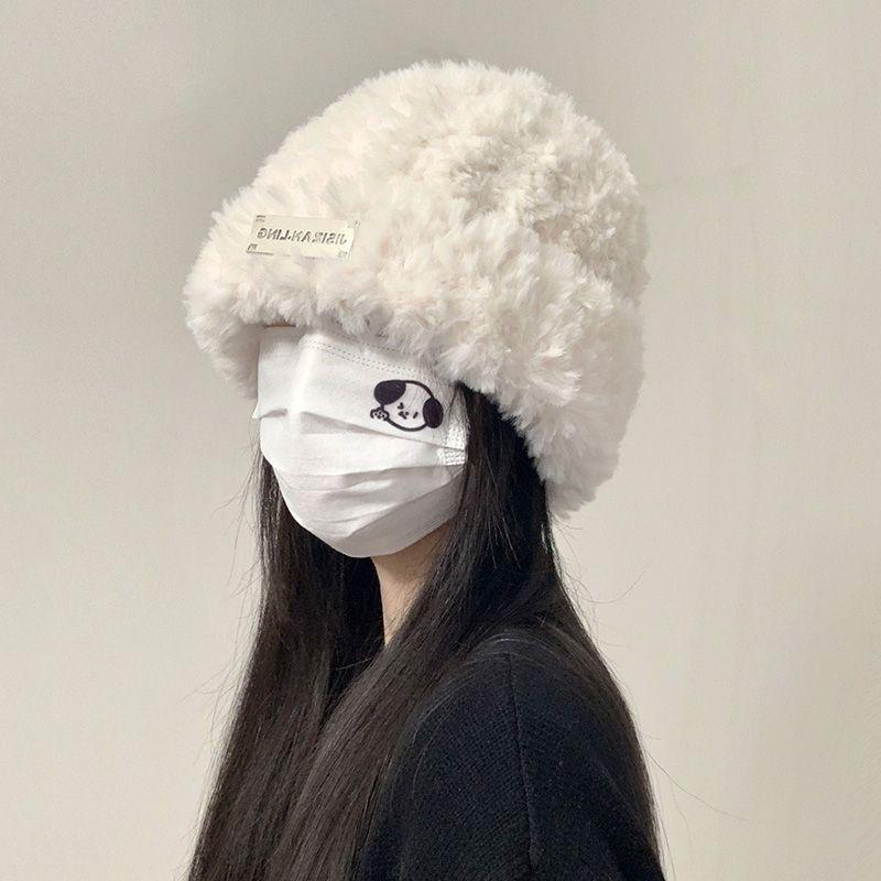 Wool hat autumn and winter women's versatile knitted bag head shows a small face and keeps warm, white plush plush cold hat big head circumference