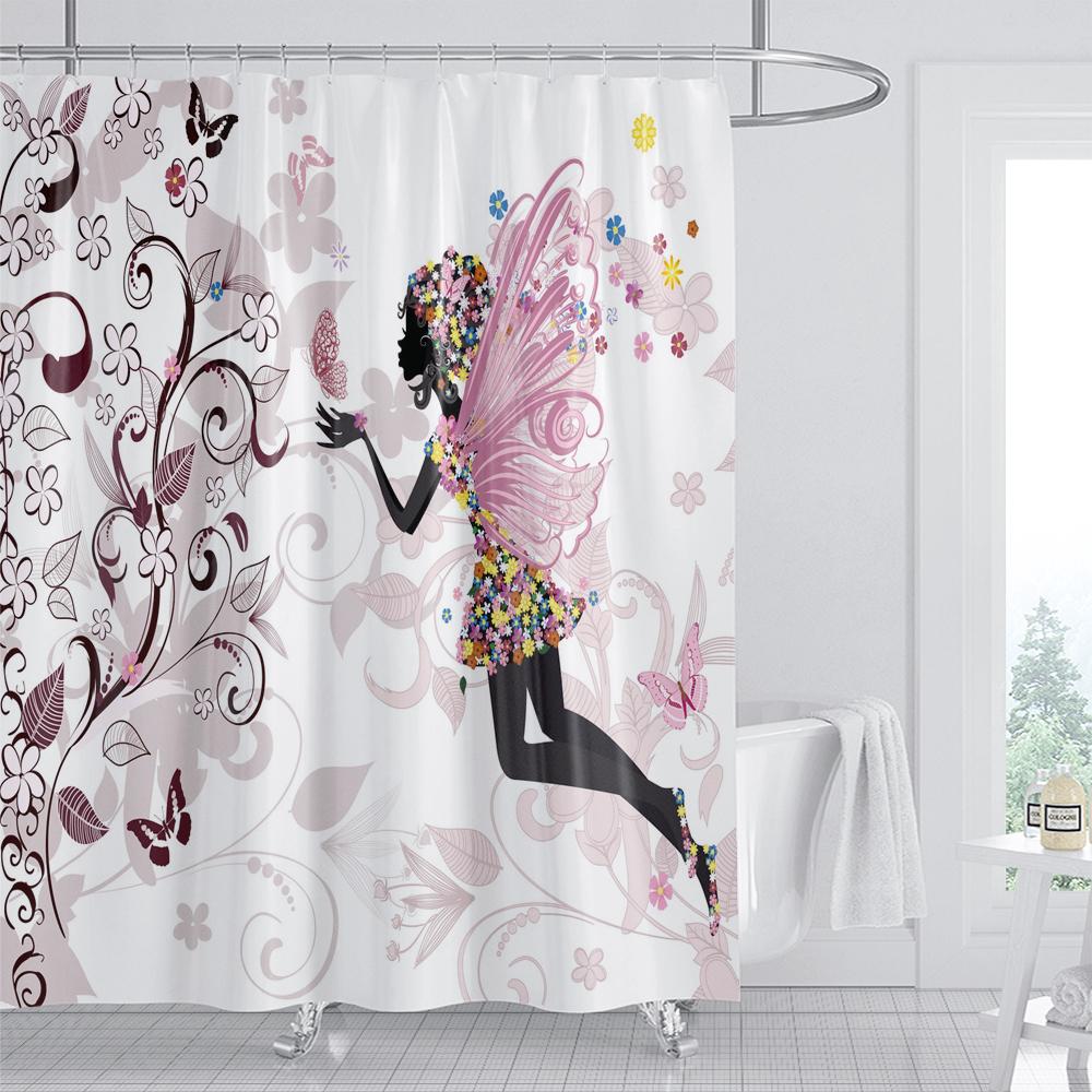 Beautiful Flower Butterfly Girl Shower Curtain Waterproof Shower Curtain Bathroom Partition Curtain Bathroom Decor Accessories