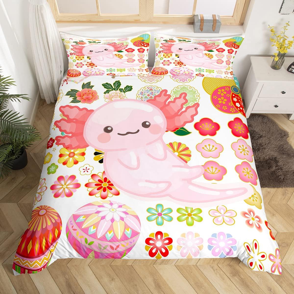 

Cartoon Pink Axolotl Floral King Queen Duvet Cover Kawaii Salamander Bedding Set 3D Animal Quilt Cover Polyester Comforter Cover EU single(135x200cm)