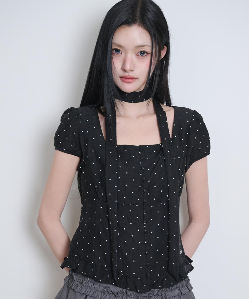 ILLIGO Ribbon Tie Square Neck Blouse Black Dot