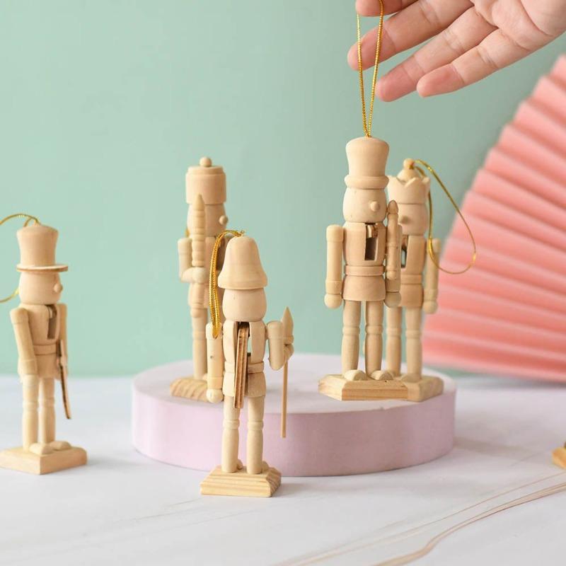 6pcs 13cm Nutcrackers Wooden Ornaments Decorations Set White Blank Wood Decorative Pendant Figurines Christmas DIY Painting Kits