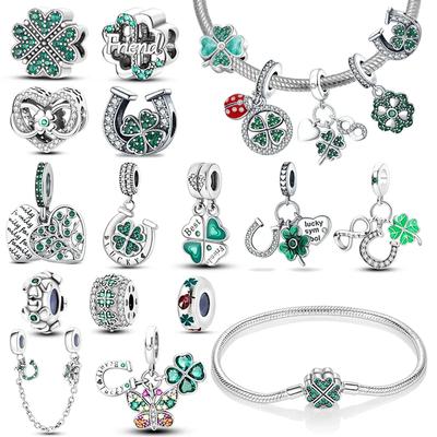 925 Silver Green Four-leaved Clover Pendant Fine Beads Fit Original 925 Bracelet Charms Women Jewelry