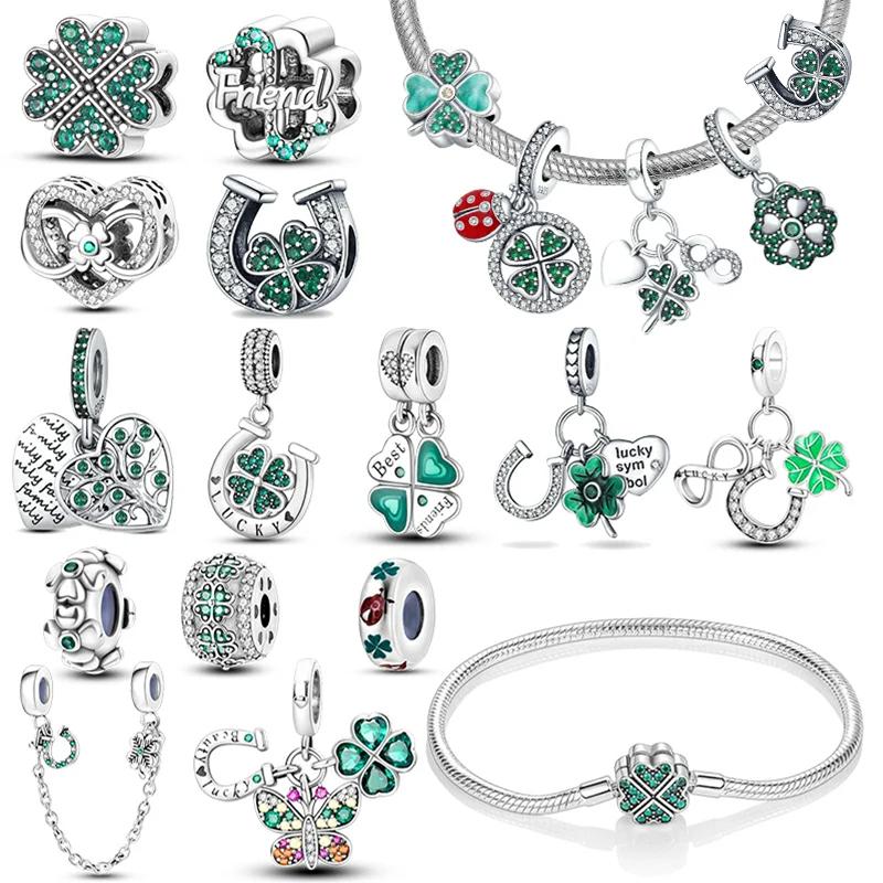 Copper Green Series Four-Leaved Clover Pendant Fine Beads Fit Original Bracelet Charms Women Jewelry