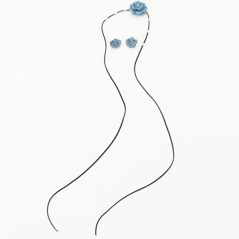 Collier Chaîne Corde à Lacets Tissu Jean Bleu Collier Ras-du-cou Fleur Ensemble Boucles d'Oreilles pour Femmes Bijoux de Mode Cadeau