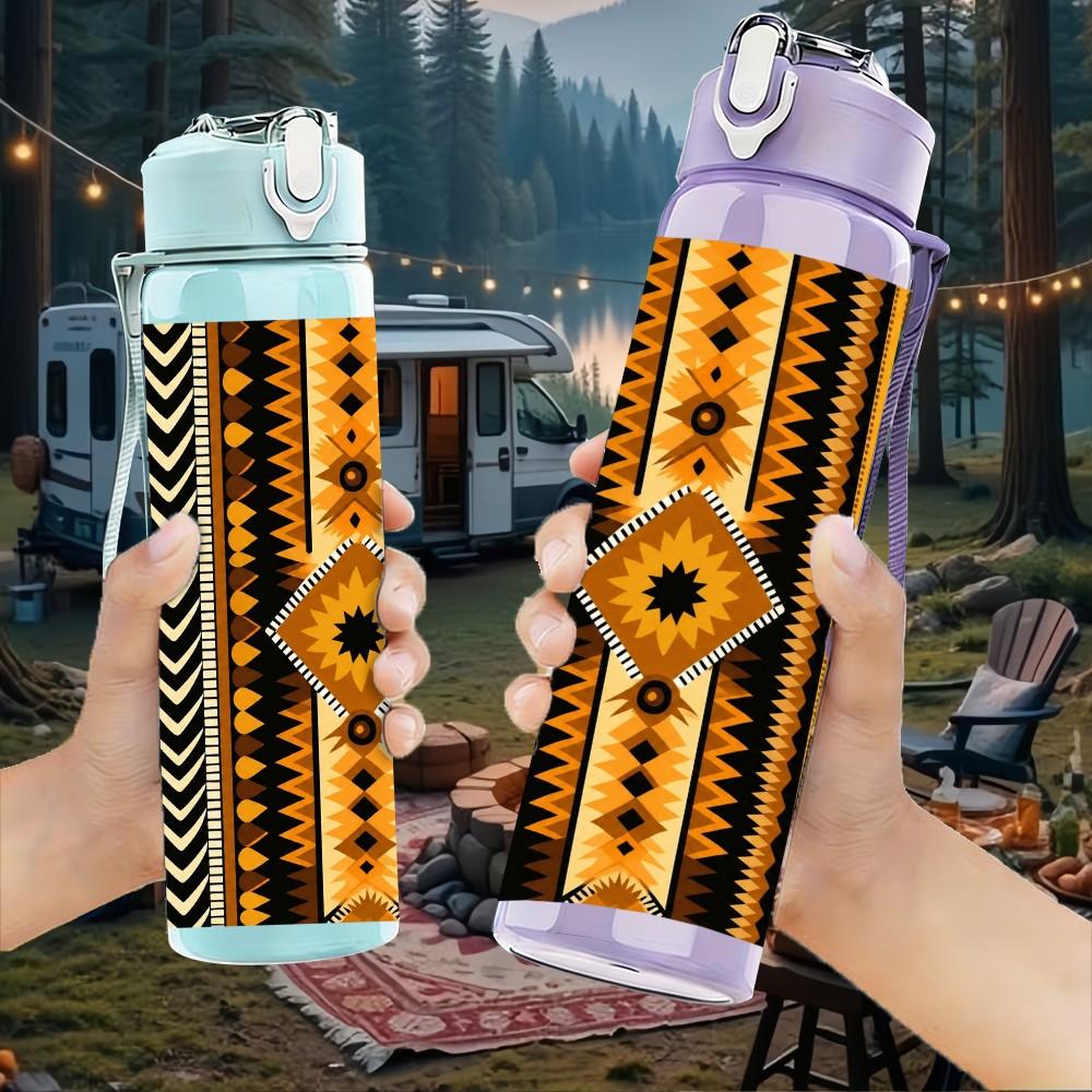 1PC Africa Tribal Geometric Texture 750ml Color Plastic Sports Water Bottle Leakproof Flip Straw Lid Suitable for Sports Office Home Use