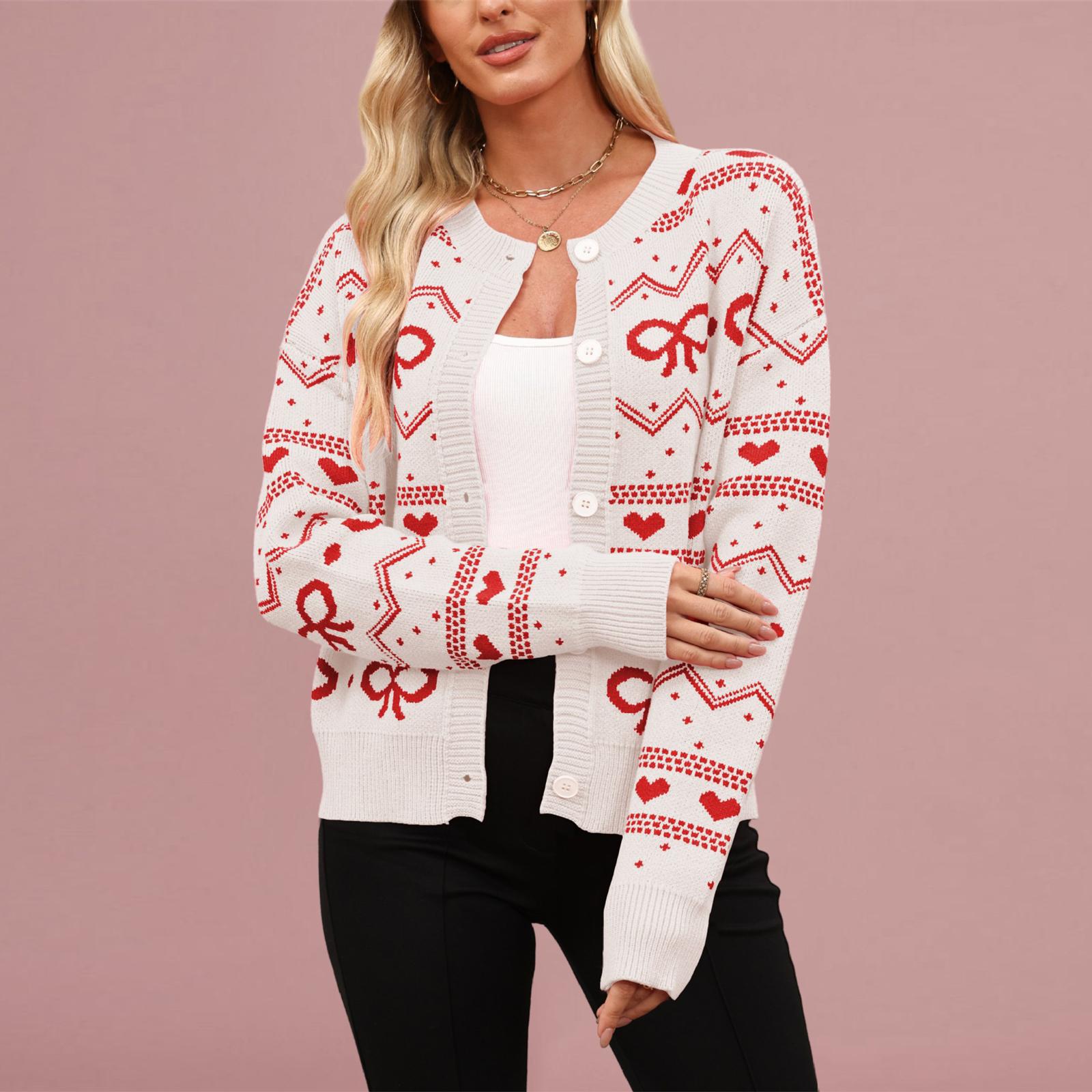 

Women s Fashionable Round Neck Long Sleeved Heart-shaped Contrasting Button Casual Sweater Jacket XL белый