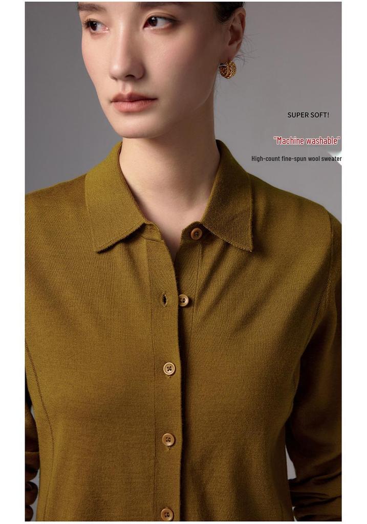 Women's High-End 48s Yangzi Fine Wool Cardigan, Solid Color, POLO Lapel Knit Jacket, Casual Spring/Autumn Style.