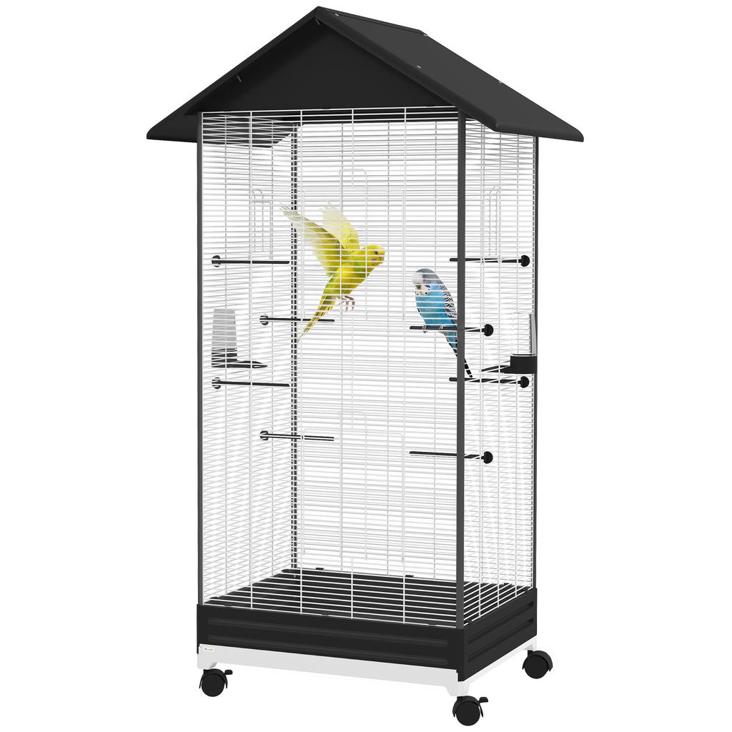 Bird Cage with Wheels and Removable Tray, 155cm High Aviary with Perches and Feeders, Black