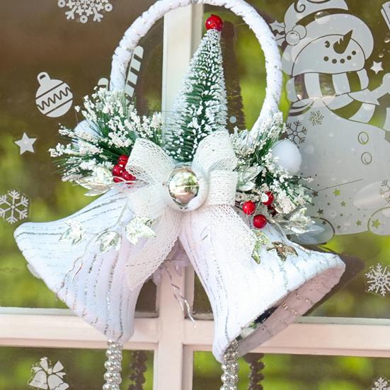 Christmas White Bell Ornament Vintage Rustic Jingle Bell Door Hanger with Artificial Flocking Tree Xmas Hanging Decoration for Holiday Tree Home Decor