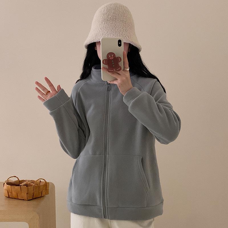 Yi Han Meng Women's Fleece Lined Zip-Up Cardigan - Warm, Korean Style Autumn/Winter Casual Sweatshirt with Stand Collar