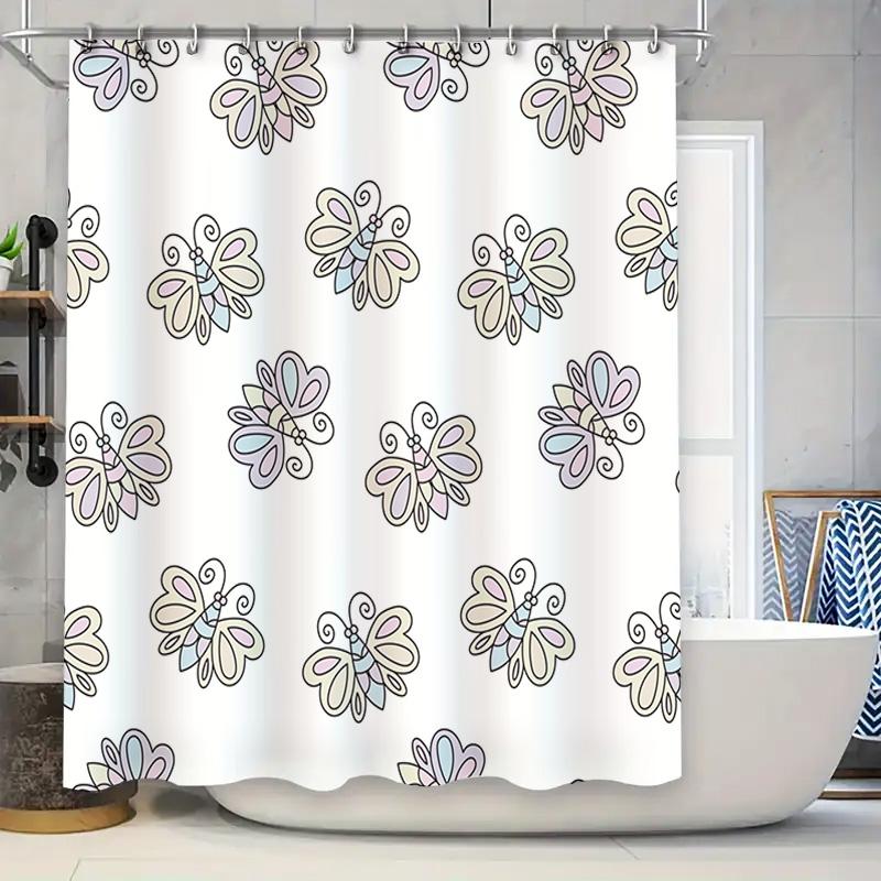 Hand Drawn Butterfly Shower Curtain White Floral Printed Bathroom Decor for Kids Bedroom Home Decoration 72 x 78 inches (183x200